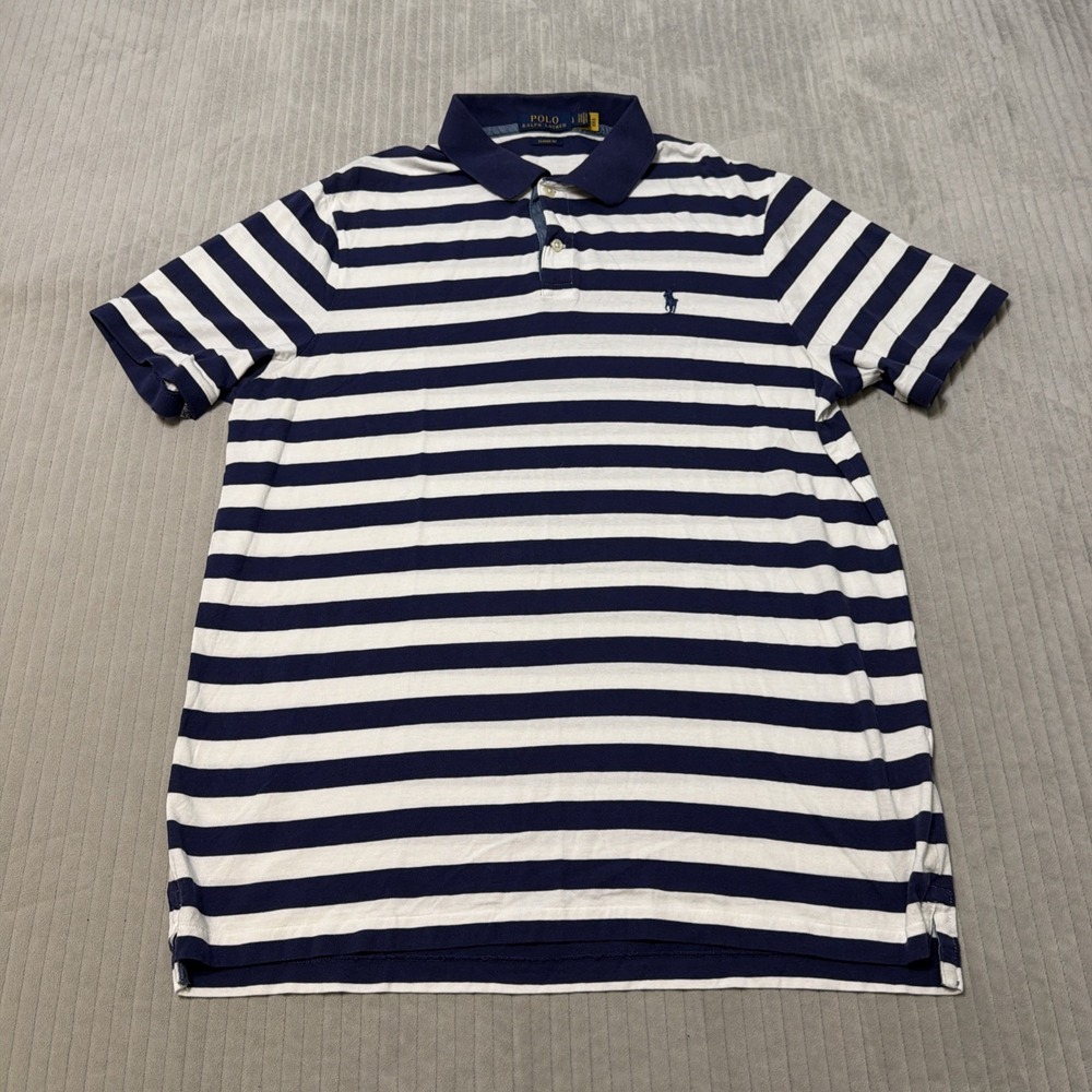 Polo Ralph Lauren Classic Fit Blue White Stripe Polo Shirt Mens L 100% Cotton
